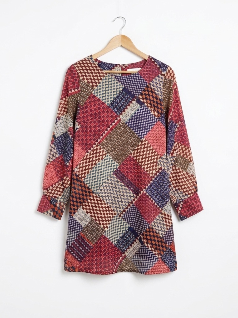 Molly Bracken Retro Patchwork Bell Sleeve Mini Dress XS No Belt